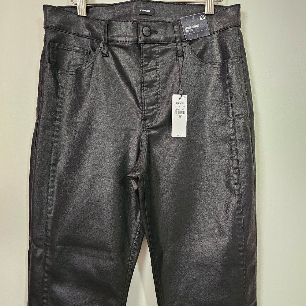 NWT EXPRESS BLACK MODERN STRAIGHT HIGH RISE LEATHER LOOK PANTS SIZE 12 SHORT - Picture 2 of 16